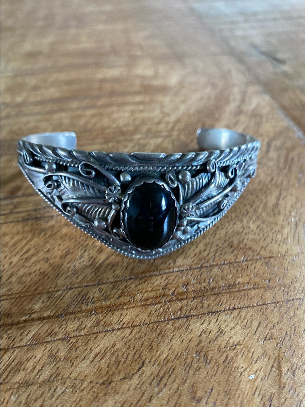 Signed Vintage Navajo Sterling Silver & Black Onyx Cuff Bracelet
